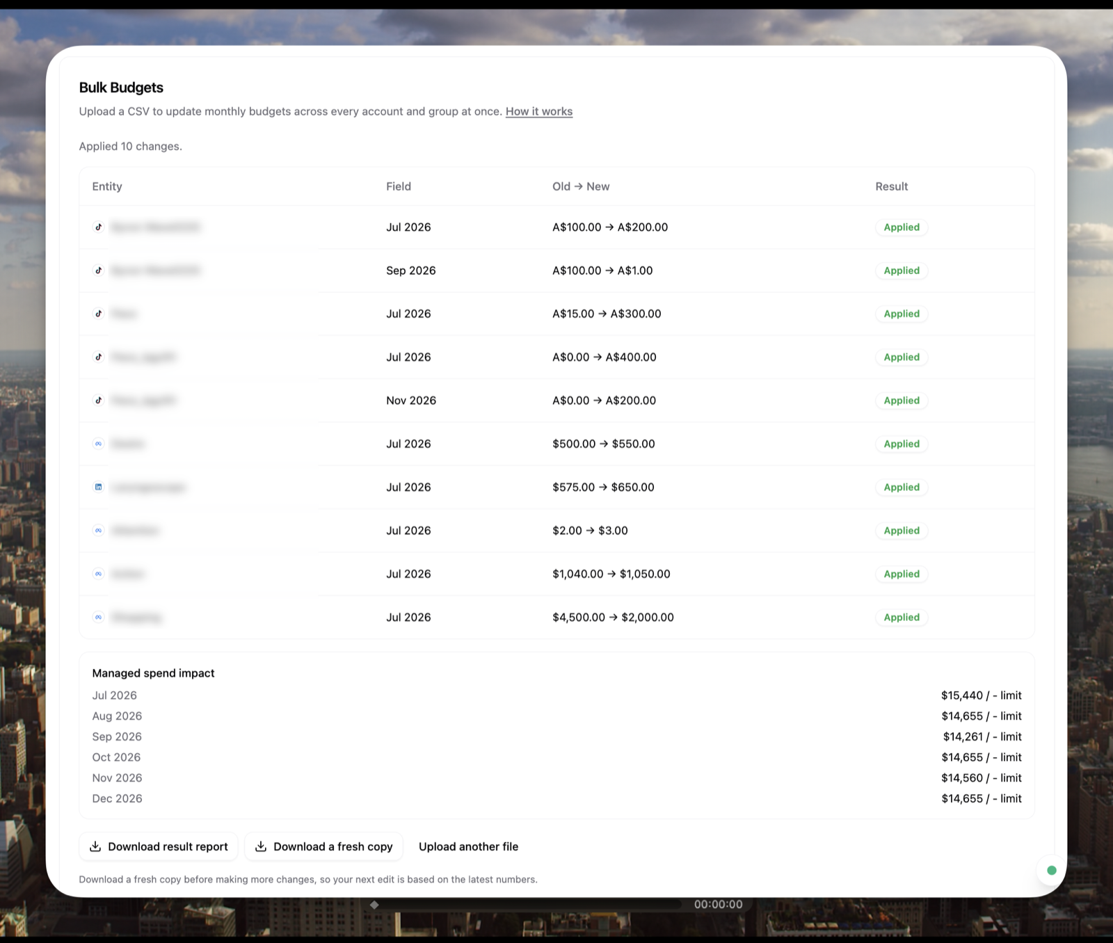 The results screen confirming the applied budget changes, with a button to download a report.